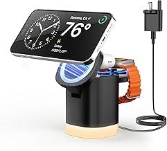 JoyGeek 3-in-1 Charger Stand for Magsafe, Foldable Wireless Charging Station with Night Lights, Magnetic Charger Dock for iPhone 16/15/14/13/12 Pro/Max, AirPods 4-2, Apple Watch 2-10/Ultra (Black)
