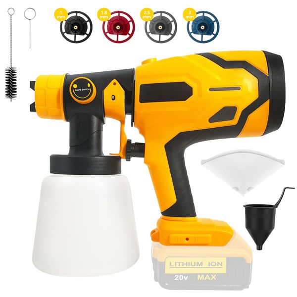 Fence Paint Sprayer for Dewalt 18V 20V Battery, Cordless HVLP Spray Gun with 4 Nozzles & 1000ml Tank for Home Interior and Exterior Cabinets House Fence Ceiling sheds (Battery Not Included)