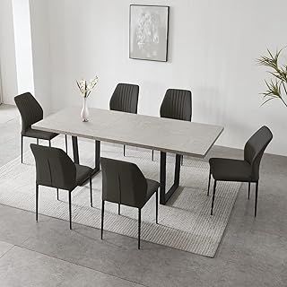 jiexi Extendable Dining Table 4-6 Seater, Dining Room Table Extending And Chairs Set, MDF Material Modern, Suitable For Living Room, Kitchen, Length 130-170cm (Table + 6 Black Chairs)