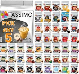 Tassimo Coffee, Tea, Chocolate Pods. Pick Any 5 Packs from 50+ Blends Including Kenco, Costa, Jacobs, Hot Chocolate, Chai latte, Baileys, Cadbury, Milka, Cafe Hag and More.