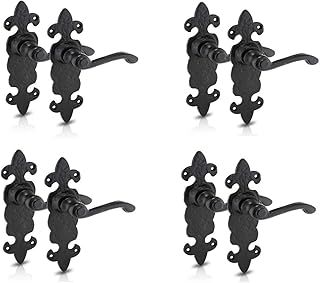 Black Antique Fleur De Lys Latch Handle Set - Rustic Internal Door Handles With Indoor Furniture Design, 4 Pack