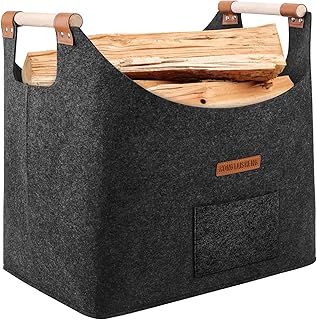 XL Firewood Basket Felt Basket Extra Thick Felt and Reinforced Handle Foldable Wood Basket Felt Bag as Storage Basket for Shopping, Wood, Newspaper or Firewood (Dark Grey)