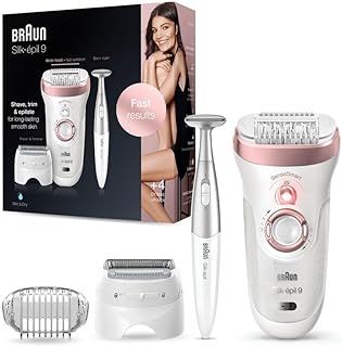 Braun Silk-pil 9 Epilator for Long-Lasting Hair Removal with Electric Shaver & Trimmer & Bikini Trimmer, 100% Waterproof, UK 2 Pin Plug, 9-890, White