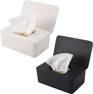 2PCS Wet Wipes Dispenser Box, Baby Wipes Dispenser Toilet Wipes Dispenser Box with Lid Seal Dustproof Reusable Wipes Box Keep Wipes Freshfor Car Office Home (Black+White)