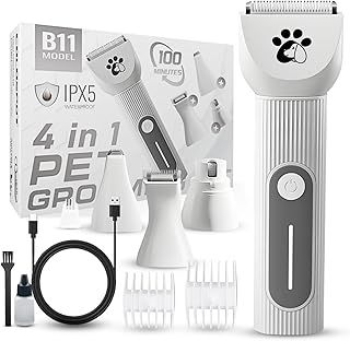 Dog Clippers, 4 in 1 Dog Grooming Kit, IPX5 Low Noise Cordless Ceramic Blades Dog Nail Grinders & Dog Paw Trimmer & Small Clippers for Dogs Cats