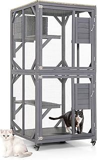 COSTWAY Wooden Cat House, Large Cats Enclosure with 4 Floors, Weatherproof Roof, Wheels and Resting Box, Kitten Catio Cage for Indoor Outdoor