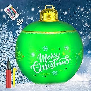 Hysagtek 60CM Christmas Inflatable Ball PVC Inflatable Giant Baubles with LED Light Light Up Giant Outdoor Decorated Balls with Remote Stakes Pump for Xmas Yard Garden Home Patio Decor, Green