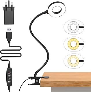iZELL LED Desk Lamp with USB Adapter【3 Color Modes 10 Brightness】 Eye Caring Clip on Clamp Light, 40cm Flexible Gooseneck Book Ring Light for Gaming/Video Conference/Reading, Clip on Table, Headboard