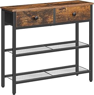 HOOBRO Console Table, Slim Console Table with 2 Non-woven Drawers, Hallway Table with Storage, Slim Sofa Table for Small Spaces, Living Room, Rustic Brown and Black EBF72XG01