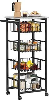 HOMCOM 4-Tier Kitchen Island on Wheels, Rolling Kitchen Storage Trolley with 4 Pull-Out Mesh Baskets, Mobile Utility Serving Cart, Light Grey