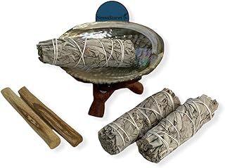 7 pc Sage Smudge Kit with Palo Santo Sticks, White Sage Smudge Sticks, Abalone Shell, and Wooden Tripod Stand Stand for Home Cleansing, Stress Relief & Meditation JC-211