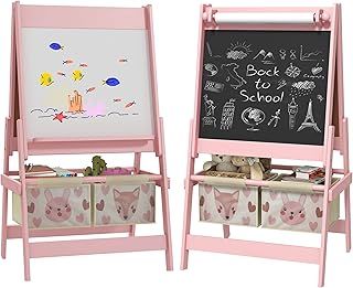 Kids Easel with Paper Roll, 3 in 1 Art Easel for Children, with Blackboard, Whiteboard, Storage Baskets, Pink