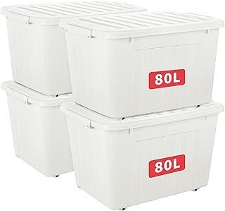 80L*4 Plastic Storage Box,White, Tote box,Organizing Container with Durable Lid and Secure Latching Buckles, Stackable and Nestable, 4Pack, with Buckle