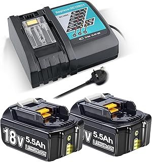 2 x Battery 18 V 5.5 Ah Replacement Battery for Makita Battery 18 V with DC18RC Charger Compatible with BL1860 BL1860B BL1850 BL1850B BL1840 BL1830 BL1820 LXT400 DC18RA DC18RC DC18RD