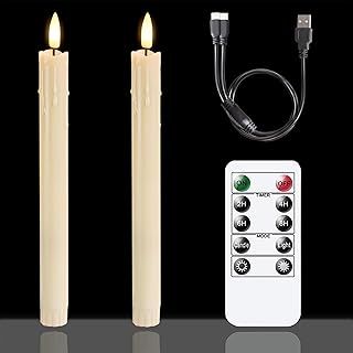 Rechargeable Flameless Timer Remote Taper Candles, 2pcs 2 x25cm LED Flickering Dripping Wax Window Tall Fake Ivory Plastic Candlesticks(USB Charging Cable Included)