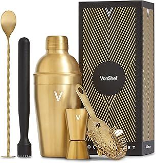 VonShef Cocktail Shaker Set, Gold 5pc Set with 550ml Manhattan Cocktail Shaker, Professional Bartender Set for Home Bar, Including Strainer, Muddler & Other Bar Accessories, Gift Box Included