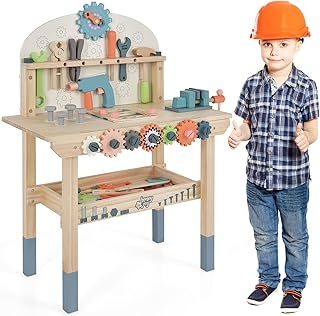 Kids Workbench, Pretend Play Tool Bench Set with 8 Tools & 53 Accessories, Storage Shelf and Magnetic Rack, Wooden Construction Toy for Boys Girls 3+ Years Old