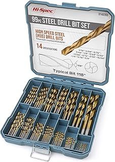 Hi-Spec 99pc Complete HSS Mixed Drill Bit Set. 1 to 10mm Titanium Coated High Speed Steel Drill Bits for Metal, Wood & Plastic. All In a Box Case