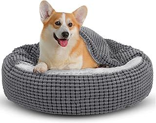 JOEJOY Round Dog Bed Calming Donut Cuddler Pet Bed for Large Medium Small Dogs, Warm Puppy Hooded Dog Cave Bed Cat Bed Medium Washable with Breathable Fluff, Fits Up To 25/30lbs Pets