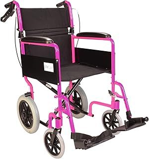 Lightweight Folding Transit Travel Wheelchair with Brakes - only 11kg - Pink
