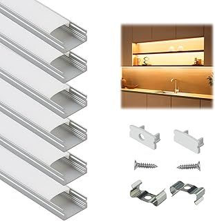 Muzata 6Pack 3.3FT/1M LED Profile with Milky White Cover Silver Aluminum U Shape Diffuser Channel LED Strip Light Diffuser Easy Installation with Paper User Manual U1SW WW 1M