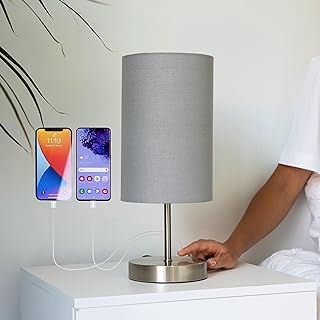 Bedside Lamps, Touch Lamps Bedside With 2 USB Charging Ports, A Bedside Lamp With USB & USB C, Dimmable Bedside Table Lamp With Fabric Shade For Bedroom, Living Room, LED Bulb Included (Grey)
