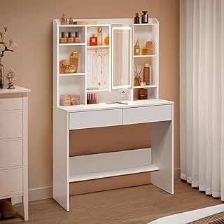 VASAGLE Dressing Table with LED Lights, 9 Bulbs, 3 Light Colours, Adjustable Brightness, Vanity Desk with Mirror, Adjustable Shelves, 2 Drawers, Makeup Desk, Modern, White RDT126W02