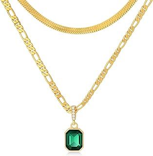 Mesovor 18K Gold Layered Crystal Necklace, 3mm Figaro Chain Necklaces | Dainty 4mm Snake Chain Choker Necklace for Women Girls Jewelry Gifts