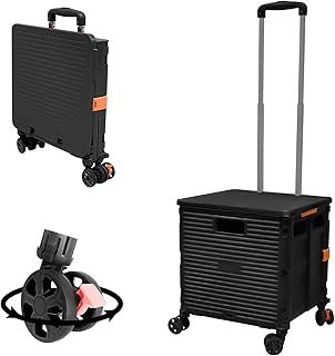ZIYOU LANG 50L Folding Shopping Trolley Cart,60KG,4 Rotate and Detachable Wheels,Telescopic Aluminium Handles,Heavy Duty Foldable Storage Box for Shopping,Travel,Teacher,Camping(Black)
