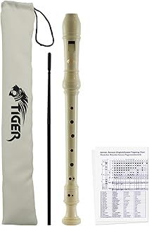 TIGER REC2-WH Descant Recorder Three Piece School Beginners Recorder with Bag, Cleaning Rod and Fingering Chart White