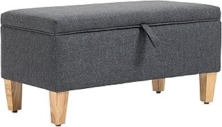 HOMCOM Linen Storage Ottoman Padded Footstool with Rubberwood Legs for Storage Box, Bed End, Shoe Bench, Seating, Grey