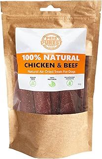 Pets Purest Dog Treats Chicken Beef Strips - 100% Natural Air-Dried Chews for Dogs, Puppy & Senior. Healthy Hypoallergenic Grain, Gluten & Lactose Free Raw Food Treat Snack Sticks (100g)