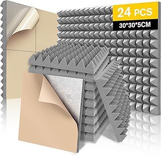 24 Pack Acoustic Foam Panels with Self Adhesive, 12”x12“x2” Soundproofing Panels for Walls, Full Frequency Sound Absorption and Noise Reduction Flame Retardant Wall Stickers for Home, Studio (Gray)