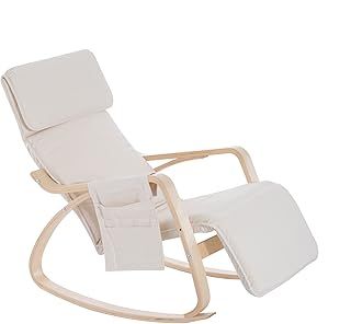 HOMCOM Rocking Lounge Chair Recliner Relaxation Lounging Relaxing Seat with Adjustable Footrest, Side Pocket and Pillow, Cream White