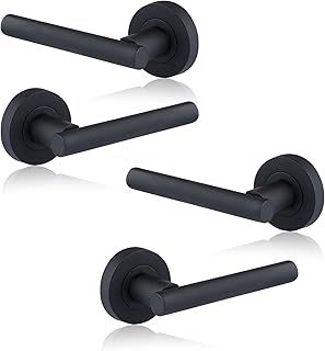 XFORT Matt Black Warped Lever On Rose Door Handles, Twisted Lever Latch Rose Door Handle, Ideal for Internal Wooden Doors for Home and Office (2 Pairs)