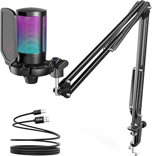 FIFINE Gaming PC USB Microphone, Podcast Condenser Mic with Boom Arm, Pop Filter, Mute Button for Streaming, Twitch, Online Chat, RGB Computer Mic for PS4/5 PC Gamer Youtuber-AmpliGame A6T
