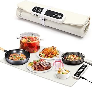 Electric Food Warming Mat, Adjustable Temperature Food Warming Tray with 5 Temperature Settings, 1-4 Hours Timer, Rollable & Waterproof Silicone Heating Mat for Buffet, Party & Family Gatherings