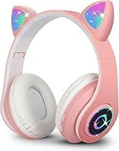 Sendowtek Wireless Headphones for Kids Adults Over Ear Cute Cat Ear Earphone with Flashing Lights Built-in Mic Cute Bluetooth Headphones for Kids Girls Boys (Pink)