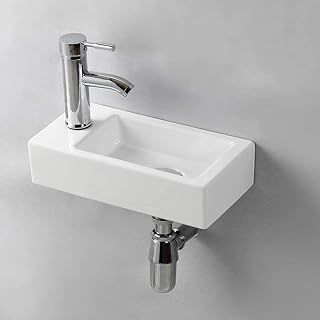 Compact Bathroom Sink Ceramic, Small Rectangle Cloakroom Basin Wall Mounted Gloss White Left Hand