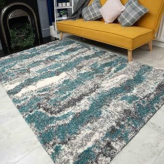 Teal Blue Abstract Shaggy Area Rug Striped Pattern Thick Soft Lounge Bedroom Hall Living Room Rugs 120cm x 170cm