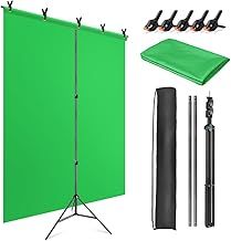 Green Screen Background with Stand 1.5 x 2M (5 x 6.5FT), Portable GreenScreen Photography Backdrop Kit with T-Shape Stand, 5 Clamps & Carry Bag for Gaming, Photo Studio, Streaming, Chroma Key