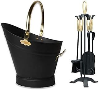 Black & Brass Waterloo Bucket with Black & Brass 5 Piece Companion Set Cast Iron Tools Fireplace Waterloo Coal Bucket and Companion Set