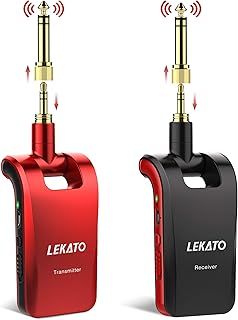 LEKATO 2.4Ghz Stereo Wireless Guitar System with 1/4” & 1/8” Plugs for Musical Instruments Rechargeable Guitar Wireless Transmitter Receiver Cordless Electric Guiar Lead for Guitar Bass (Red)
