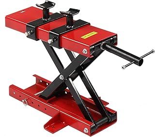 Motorcycle Scissor Lift Jack w/Safety Pin & Support Saddles, Height Adjustable Steel Center Hoist Crank Stand for Motorbike Repair Maintenance, 1100LBS Weight Capacity
