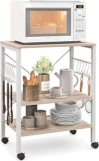 COSTWAY 3-Tier Rolling Baker’s Rack, Kitchen Storage Shelf with Lockable Wheels and Removable Hooks, Industrial Metal Frame Serving Cart for Home Office (2 Adjustable Shelves, Natural)
