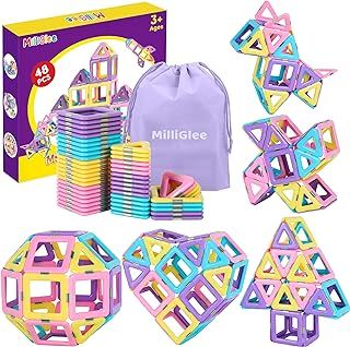 MilliGlee Magnetic Building Blocks - 48PCS Magnetic Tiles with Storage Bag for Kids Aged 3-12