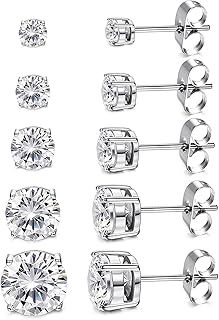 Kainier 5 Pairs CZ Stud Earrings Set 316L Stainless Steel Earrings Cubic Zirconia Ear Stud for Women Simulated Diamond Hypoallergenic 3-7mm