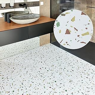 Vinyl Floor Tiles Self Adhesive 30-Pack - Covers 30 sq.ft (2.79 m²) - Wear Resistant Square Flooring Tile 12x12 in (30.5 x 30.5cm) - White Terrazzo Look with Flecks Peel and Stick Floor Tiles