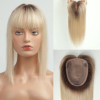 HAIRCUBE Hair Toppers For Women, Top Hairpieces 100% Remy Human Hair With Bangs, 150% Density Silk Base Clip In Topper For Slight Hair Loss/Thinning Hair/Gray Hair 14 inch 40g-(Ombre Light Blonde)