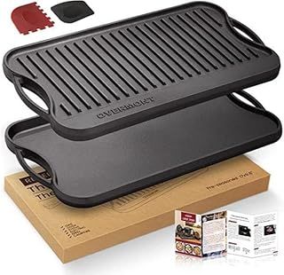 OVERMONT Pre-Seasoned Cast Iron Reversible Griddle Grill Pan with Handles for Gas Stovetop Open Fire Oven, 43.18 * 24.89CM (17x9.8) - One Tray, Scrapers Included
